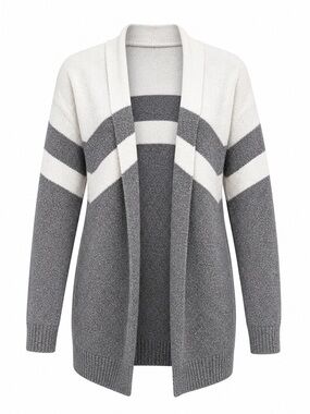 Colorblock Open Front Cardigan | Gray & Cream Striped | Women’s Medium